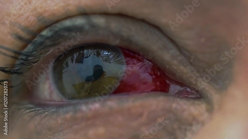 Detailed view of a human eye with a visible red spot caused by a subconjunctival hemorrhage. Medical condition, eye health concept photo