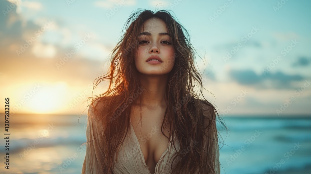 A stunning woman stands confidently on the beach at sunset, her hair flowing in the wind and the sun casting a warm glow on her, creating a moment full of natural beauty. A stunning woman stands confidently on the beach at sunset, her hair flowing in the wind and the sun casting a warm glow on her, creating a moment full of natural beauty.