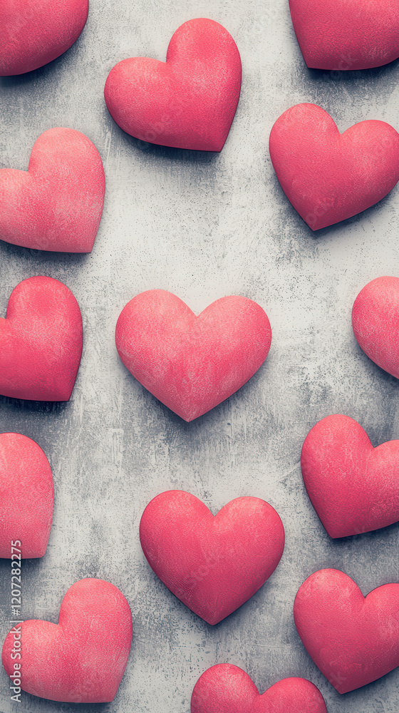 Fototapeta premium Pink heart shaped objects arranged on textured gray background, creating romantic and artistic pattern