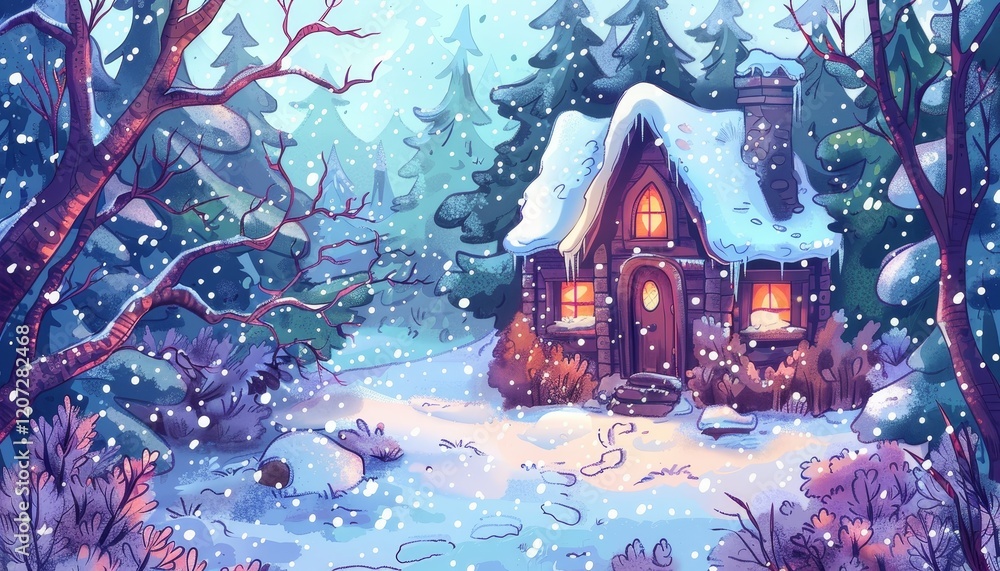 Obraz premium A cozy cabin nestled in a snowy forest, with a warm glow emanating from the windows.