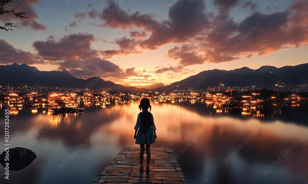 Girl silhouetted at sunset, standing on a dock overlooking a city reflecting on a lake. Girl silhouetted at sunset, standing on a dock overlooking a city reflecting on a lake.