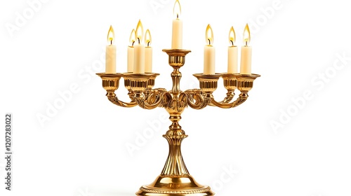 A gold candelabra with candles isolated on white background, featuring an ornate vintage design, elegant luxury decor and classic antique style