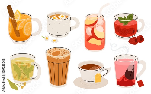 Set of herbal tea various elements and ingredients with teacups, mugs, leaves, flowers, fruits and berries isolated. Tea time, tea ceremony, party. Icon, simbol, object for label, packaging, menu