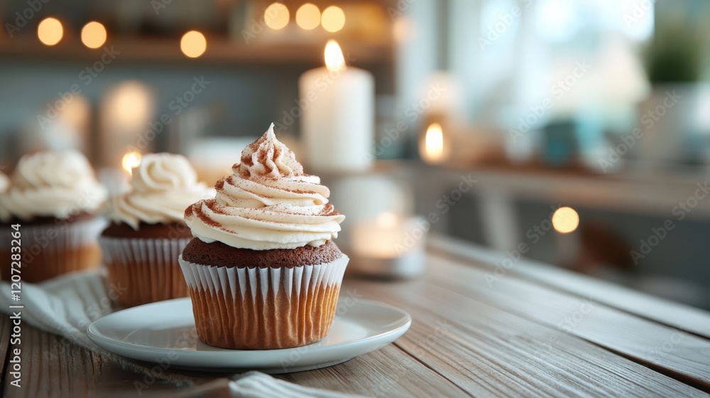 Delicious chocolate cupcakes with elegant frosting, framed by warm candlelight that creates an inviting ambiance for special celebrations and cozy gatherings. Delicious chocolate cupcakes with elegant frosting, framed by warm candlelight that creates an inviting ambiance for special celebrations and cozy gatherings.