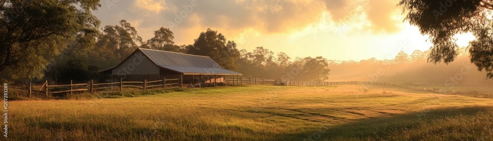 Fototapeta premium Serene rural landscape with a barn bathed in golden sunlight.
