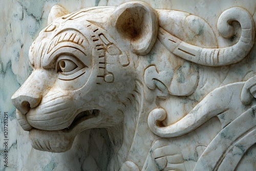 Intricate stone carving of a snarling feline, possibly a jaguar or panther, adorned with ancient-style patterns. photo