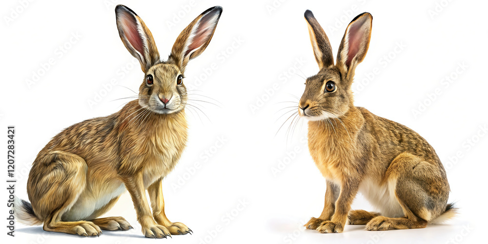 Fototapeta premium Two Brown Hares, Frontal and Profile Views