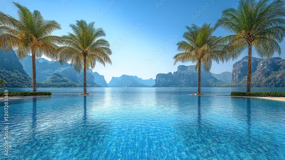 Infinity pool reflecting mountains and palms. Infinity pool reflecting mountains and palms.