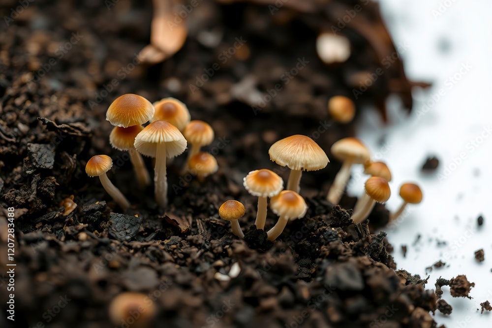 Delicate Brown Mushrooms Cluster in Dark Soil: A Naturalistic Close-up Delicate Brown Mushrooms Cluster in Dark Soil: A Naturalistic Close-up