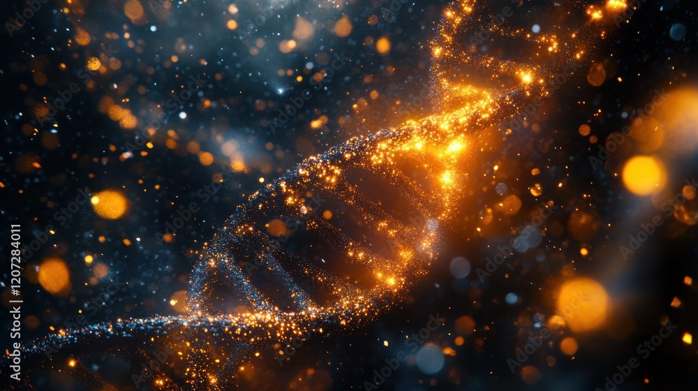 Fototapeta premium Glowing DNA helix, particle background, science concept