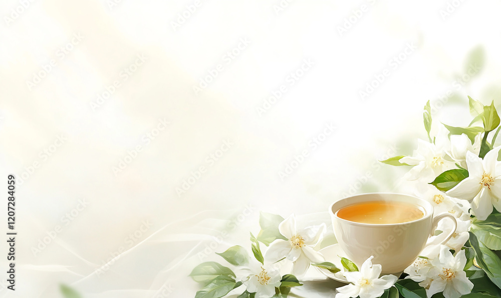 Bright bouquet of flavor conveyed by a cup of jasmine tea located at the bottom of the banner in honor of International Women's Day, space for copyright, March 8, concept Bright bouquet of flavor conveyed by a cup of jasmine tea located at the bottom of the banner in honor of International Women's Day, space for copyright, March 8, concept