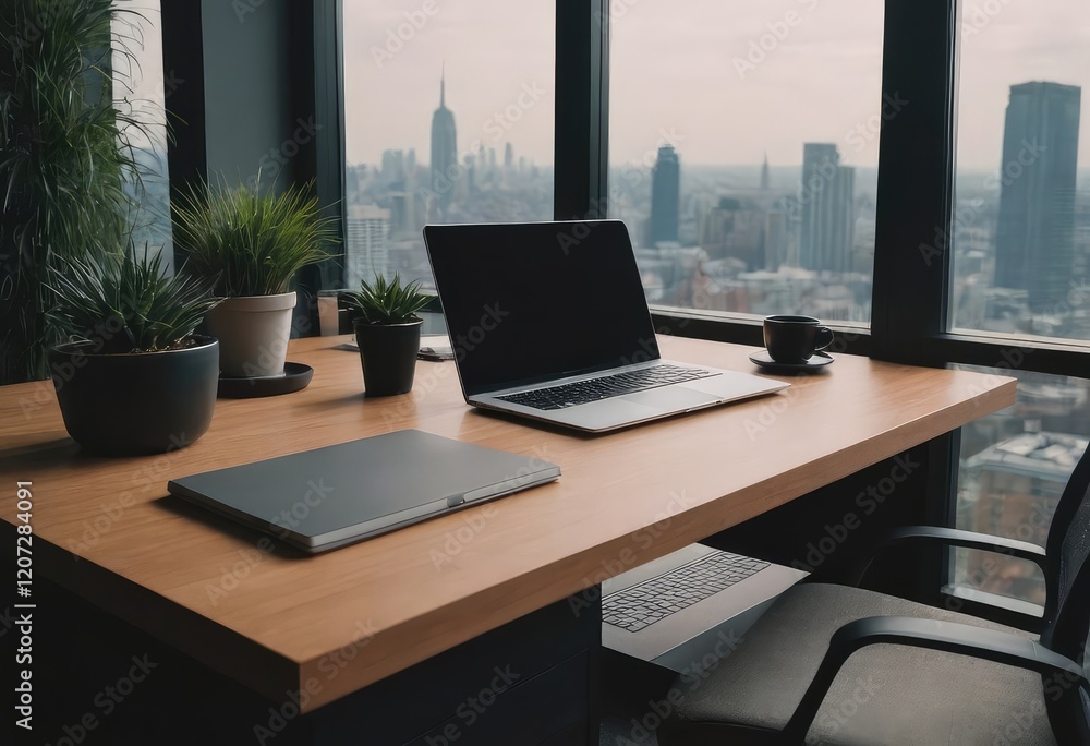 Fototapeta premium A desk with a laptop offers a stunning city skyline view