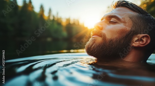 A serene image of a man floating in a calm lake, embracing tranquility as the sun sets, casting warm hues across the sky and reflecting on the water's surface. photo