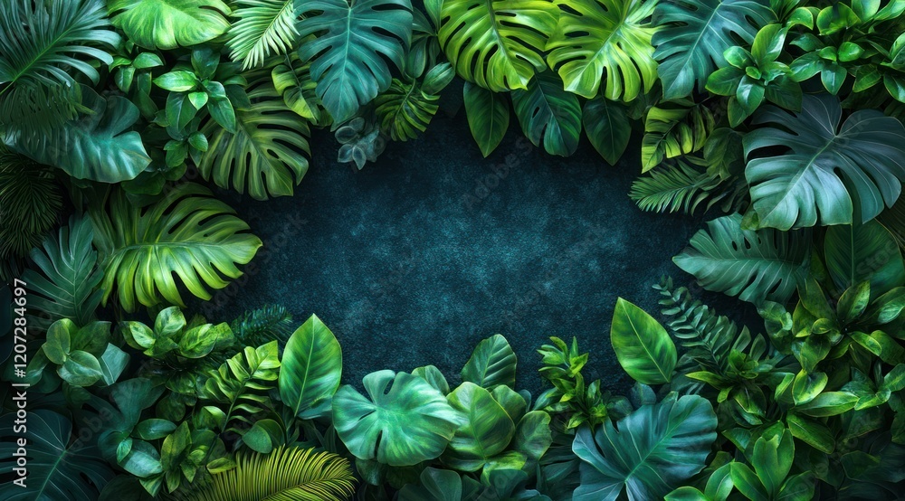 Fototapeta premium Lush tropical leaves frame, dark background, design element