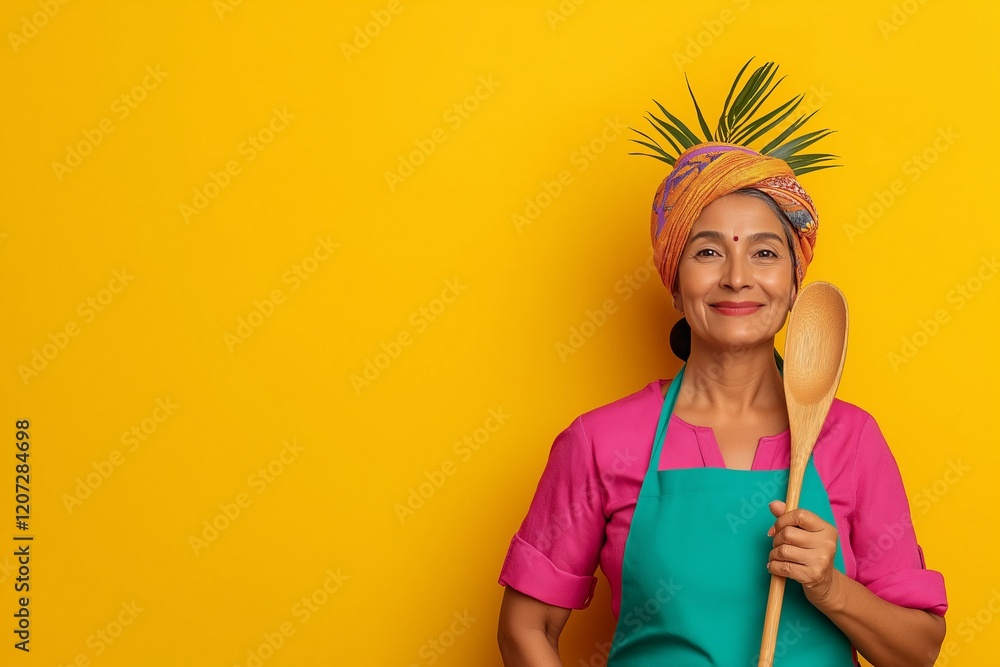 Smiling Indian Woman Chef with Wooden Spoon and Colorful Apron Smiling Indian Woman Chef with Wooden Spoon and Colorful Apron