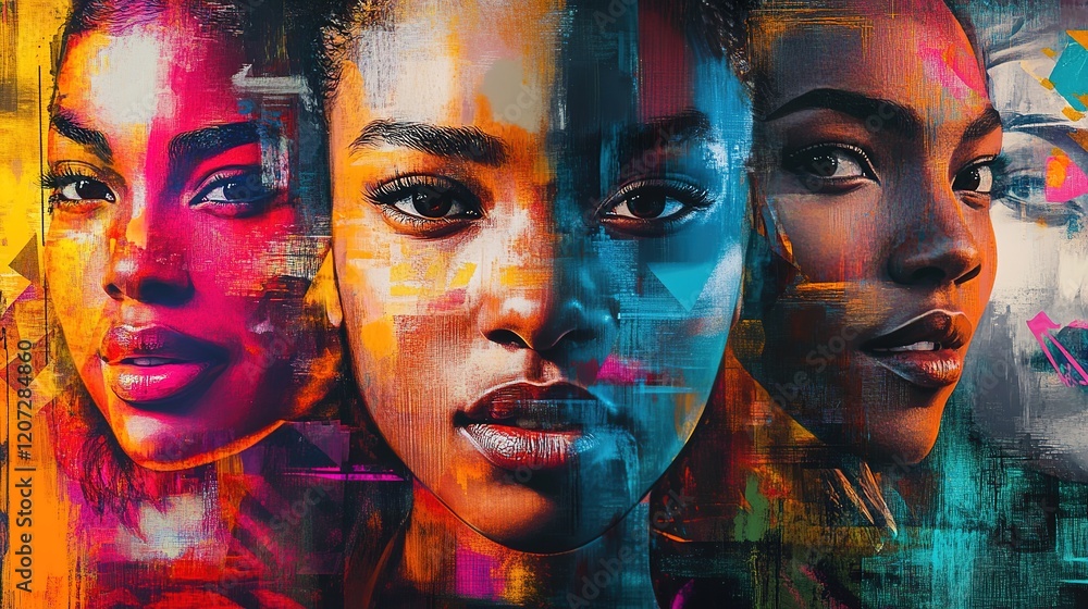 Obraz premium Colorful digital art of three diverse women's faces, symbolizing strength and unity.