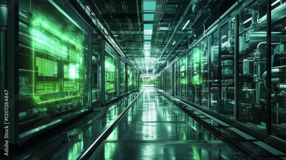 Futuristic Data Center Corridor with Glowing Green Screens Futuristic Data Center Corridor with Glowing Green Screens