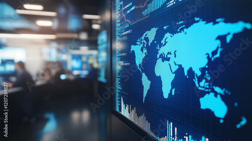 Digital world map in a futuristic control room