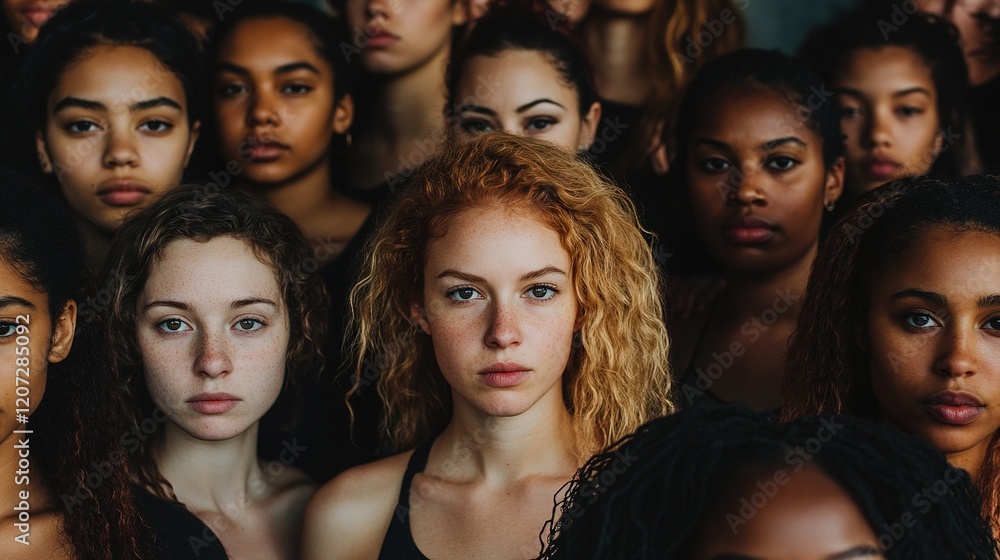 Fototapeta premium Diverse group of women standing together, solidarity and diversity.