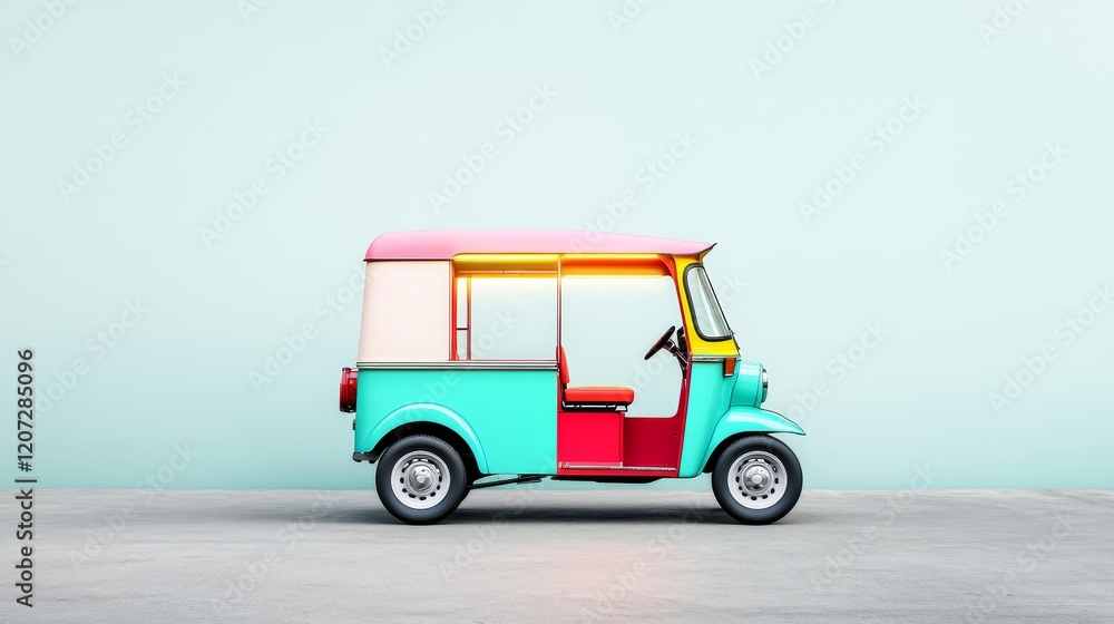 Fototapeta premium Vibrant and Colorful Auto Rickshaw Against a Minimalist Background in Soft Pastel Tones Perfect for Travel and Adventure-Themed Stock Photography