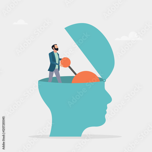 The concept of learning and will turn on at full capacity. Gear shifting on the human brain. Flat vector illustration.	
