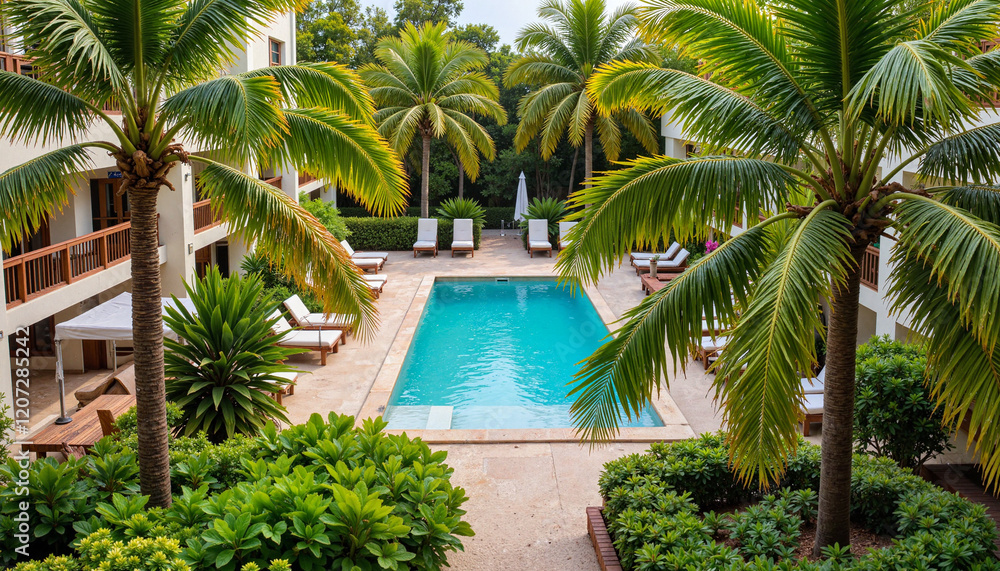 Tranquil beach resort courtyard with pool surrounded by palm trees, luxury Tranquil beach resort courtyard with pool surrounded by palm trees, luxury