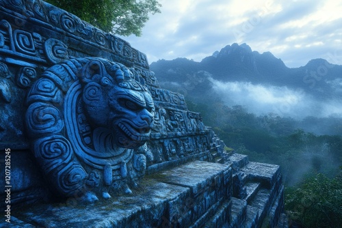 Ancient Mayan stone carvings adorn a pyramid, overlooking a misty jungle landscape. photo