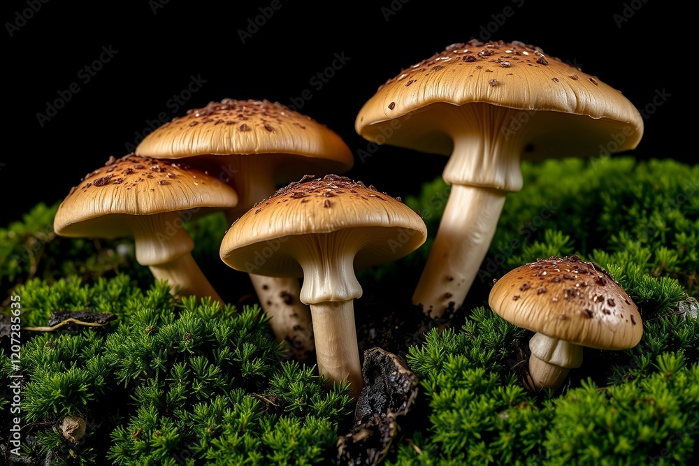 Captivating Cluster of Autumn Mushrooms in Lush Mossy Setting Captivating Cluster of Autumn Mushrooms in Lush Mossy Setting