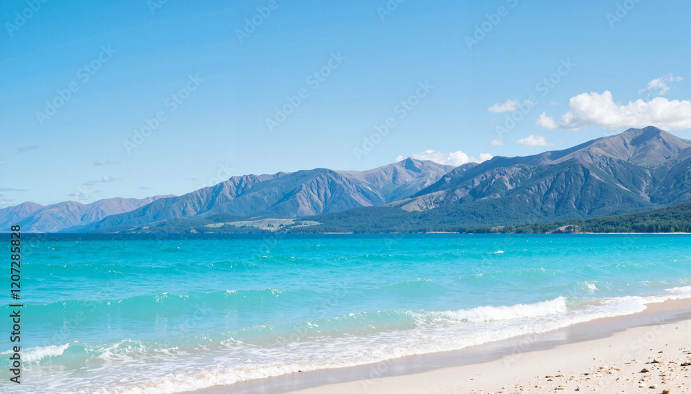 Tranquil azure sea with distant mountains under clear sky, serene landscape Tranquil azure sea with distant mountains under clear sky, serene landscape