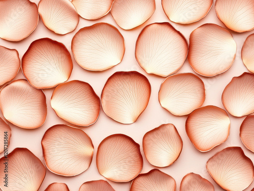 Soft rose petals in delicate rose gold hue arranged in seamless pattern, creating romantic and elegant background
