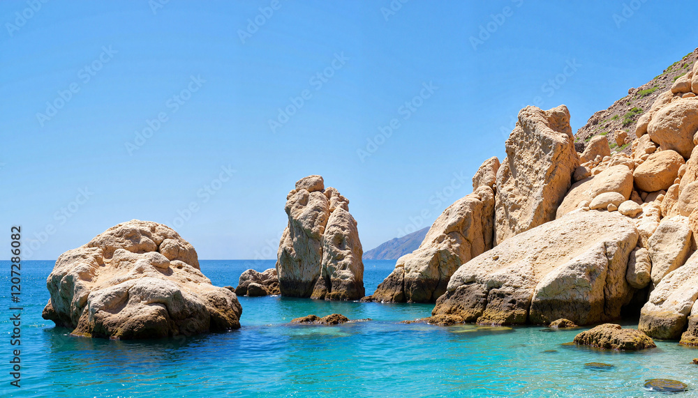 Fototapeta premium Majestic rocks rising from azure seaside, nature's splendor