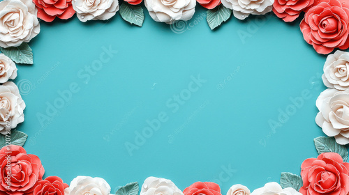 Roses in red and white with green leaves form decorative frame on turquoise background