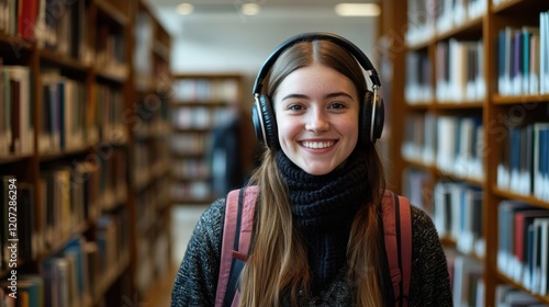 Wallpaper Mural A modern library setting with a young woman smiling warmly at the camera, her backpack and headphones reflecting her enthusiasm for learning and success Torontodigital.ca