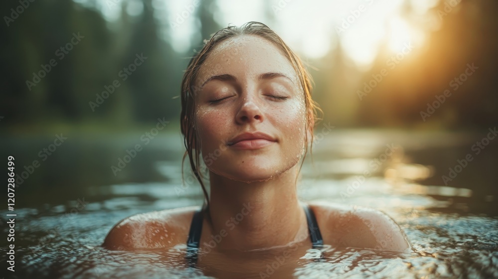 Fototapeta premium This image captures a woman gently emerging from tranquil water during sunset, radiating calmness and beauty, encapsulating a moment of self-reflection and serenity.