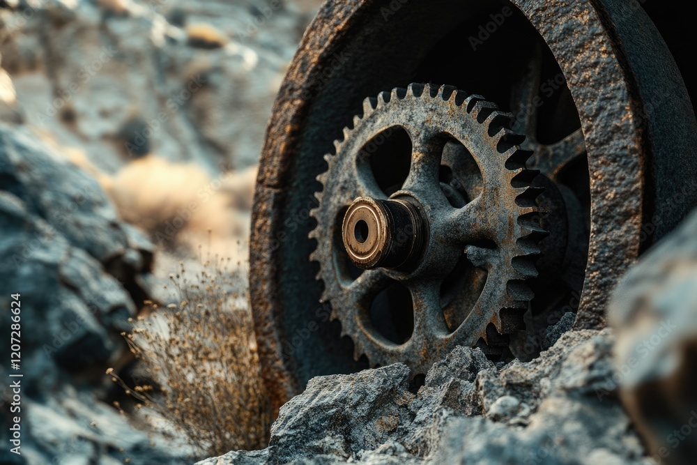 Rusty gear wheel nestled amongst rocks, showcasing the passage of time and industrial decay. Rusty gear wheel nestled amongst rocks, showcasing the passage of time and industrial decay.