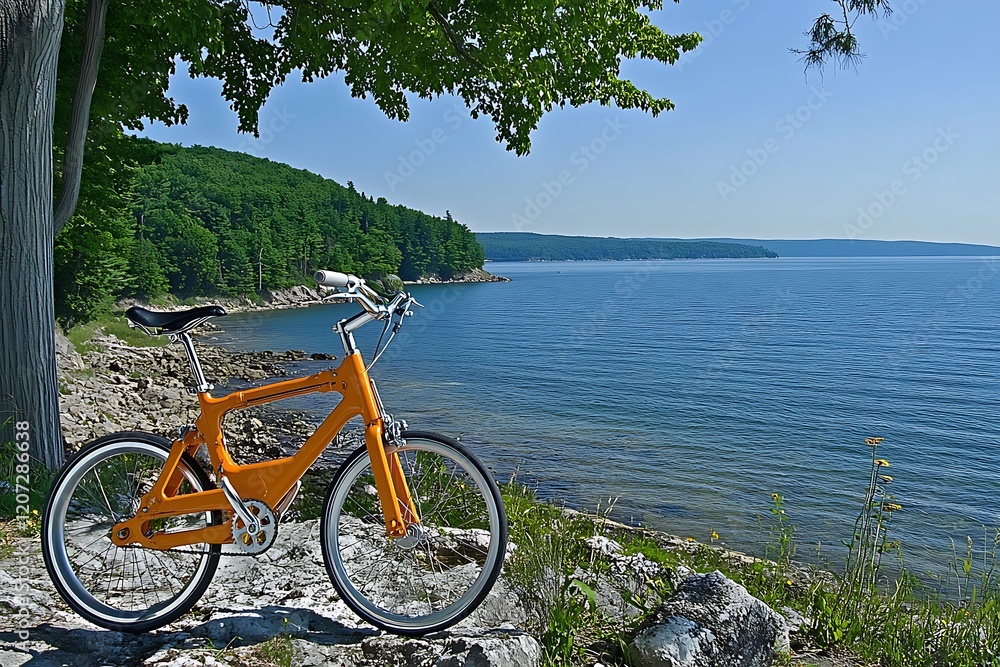 Fototapeta premium Vibrant Orange Bike by Serene Lakeside