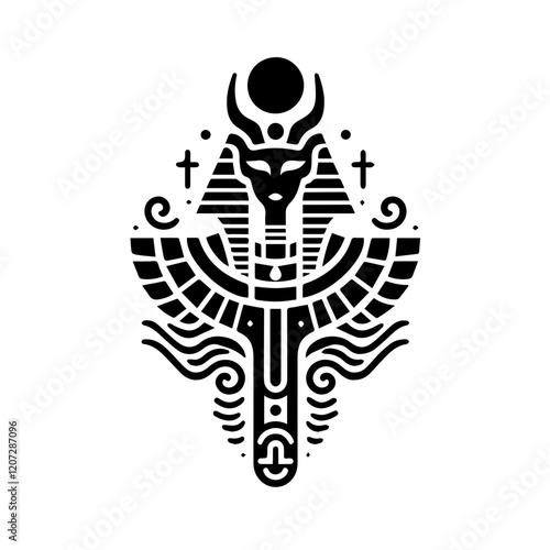 Mystical Egyptian Deity: An intricate, black-and-white line art illustration depicting an Egyptian deity with a regal and mysterious presence. photo