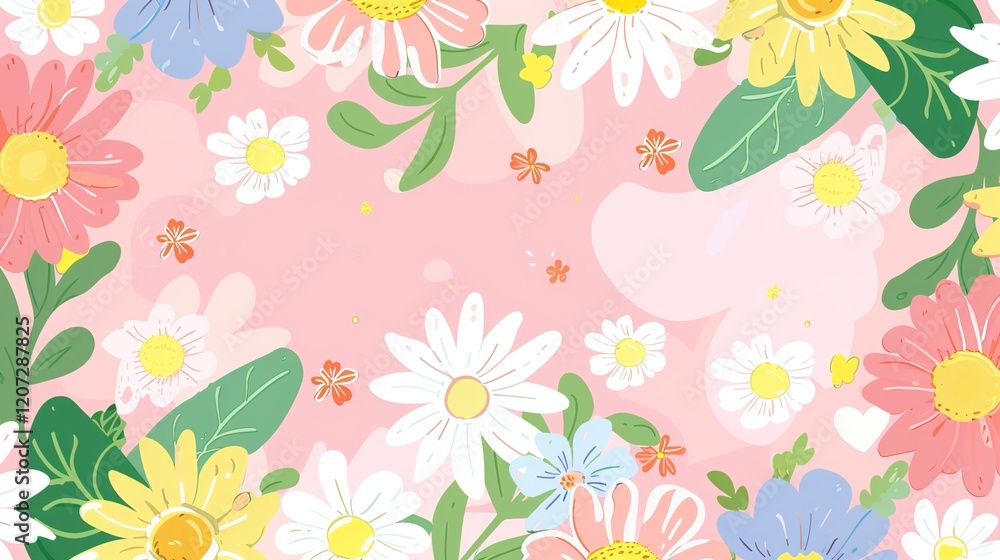 A charming spring background adorned with an array of spring flowers and delicate daisies. The vibrant colors and sweet scents of these blossoms create a refreshing and inviting atmosphere A charming spring background adorned with an array of spring flowers and delicate daisies. The vibrant colors and sweet scents of these blossoms create a refreshing and inviting atmosphere