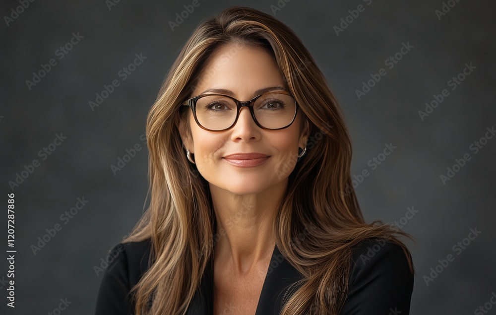 Fototapeta premium Professional woman with glasses poses confidently against a dark background in a sophisticated setting