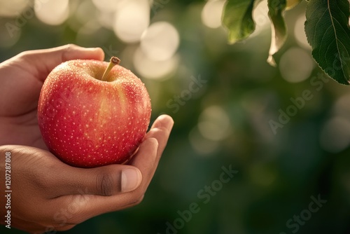 commercial photography for advertising campaign close-up of hands holding ripe freshly picked from tree with blurred photo