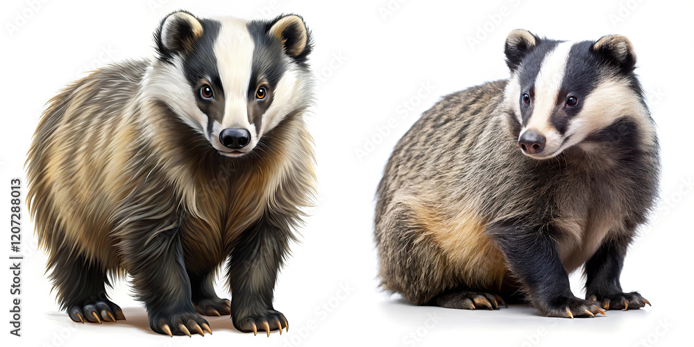 Fototapeta premium Two European Badgers: Frontal and Profile Views