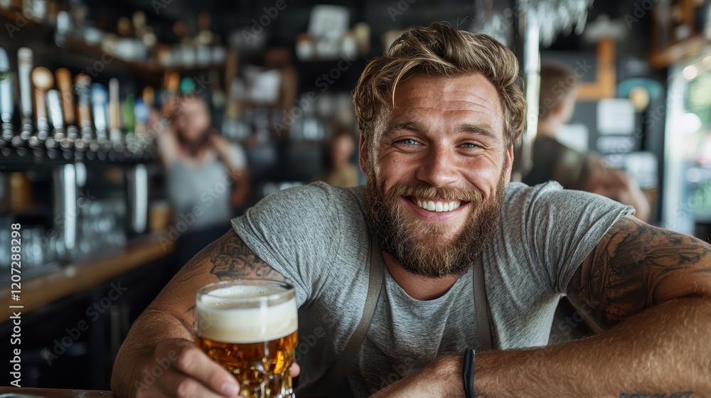 A smiling bartender poses with a glass of beer, showcasing a vibrant atmosphere and a sense of community in a lively, trendy bar setting. A smiling bartender poses with a glass of beer, showcasing a vibrant atmosphere and a sense of community in a lively, trendy bar setting.