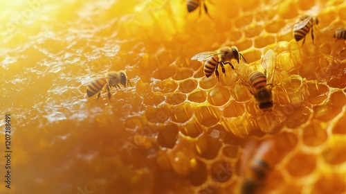 Honey bees collecting nectar on honeycomb in a sunlit hive garden
