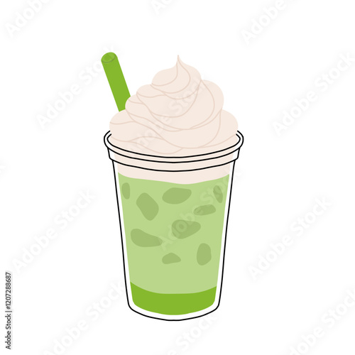 Japan matcha cocktails. Icon of matcha drinks with latte , frappuccino, mojito, lemonade and coffee tonic. Green iced matcha latte in various cups. Flat cartoon vector illustration