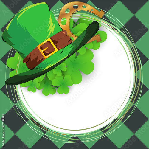 Leprechaun hat, golden horseshoe for good luck and clover happy Saint Patrick's Day card poster, party invitation template, background, wallpaper, banner, template, web.