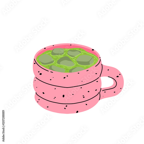 Japan matcha cocktails. Icon of matcha drinks with latte , frappuccino, mojito, lemonade and coffee tonic. Green iced matcha latte in various cups. Flat cartoon vector illustration