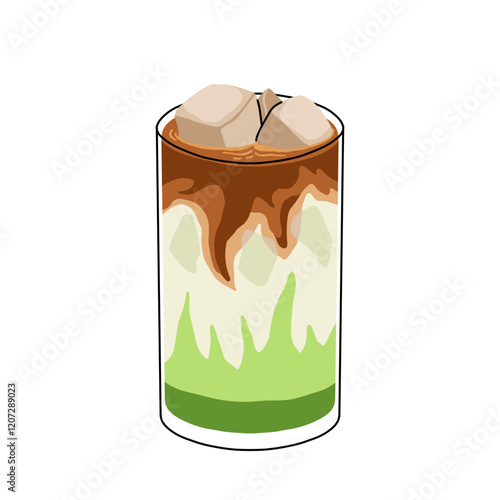 Japan matcha cocktails. Icon of matcha drinks with latte , frappuccino, mojito, lemonade and coffee tonic. Green iced matcha latte in various cups. Flat cartoon vector illustration