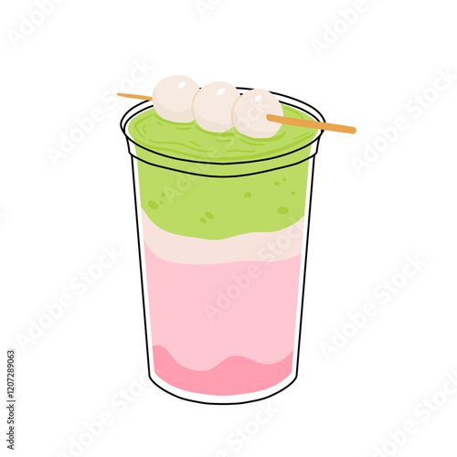 Japan matcha cocktails. Icon of matcha drinks with latte , frappuccino, mojito, lemonade and coffee tonic. Green iced matcha latte in various cups. Flat cartoon vector illustration
