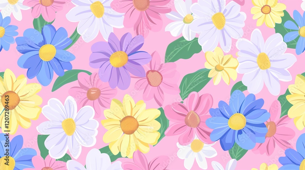 A charming spring background adorned with an array of spring flowers and delicate daisies. The vibrant colors and sweet scents of these blossoms create a refreshing and inviting atmosphere A charming spring background adorned with an array of spring flowers and delicate daisies. The vibrant colors and sweet scents of these blossoms create a refreshing and inviting atmosphere