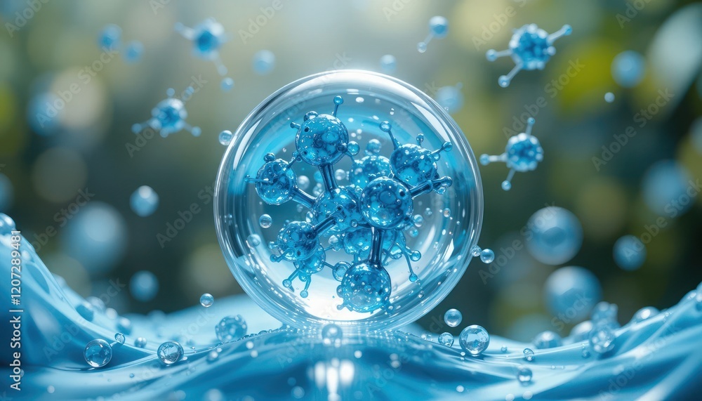 Blue molecules in glass sphere, water background, science concept Blue molecules in glass sphere, water background, science concept
